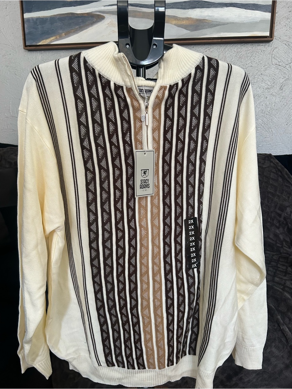Stacy Adams Cream Zip-Up Sweater with Brown & Tan Vertical Pattern